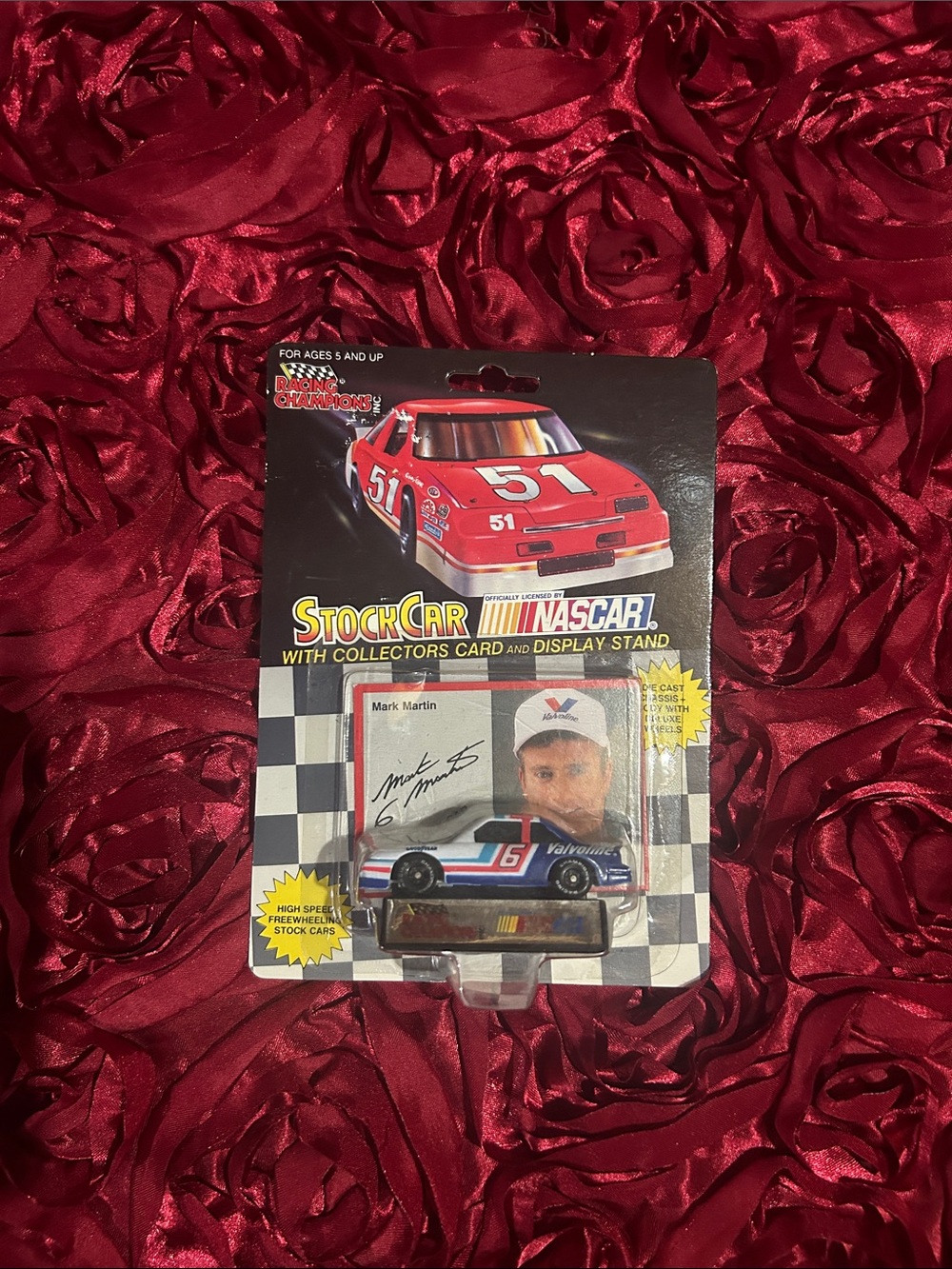 Stock Car NASCAR Kids Toy - Red and Blue Race Car with Collector Card